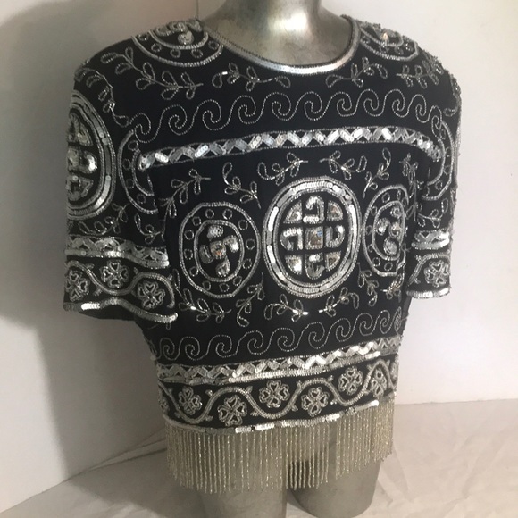 “A. J. BARI” Beaded, Sequined and Silk Ladies Top - Picture 3 of 15